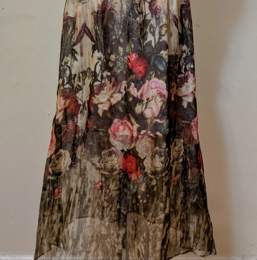 Queen Mulock Floral Silk Midi Rose Print Dress - Size S - Picture 13 of 14